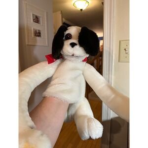 Vintage Plush Ralph the Dog Hand Puppet White Black Floppy Ears Red Bandana Toy